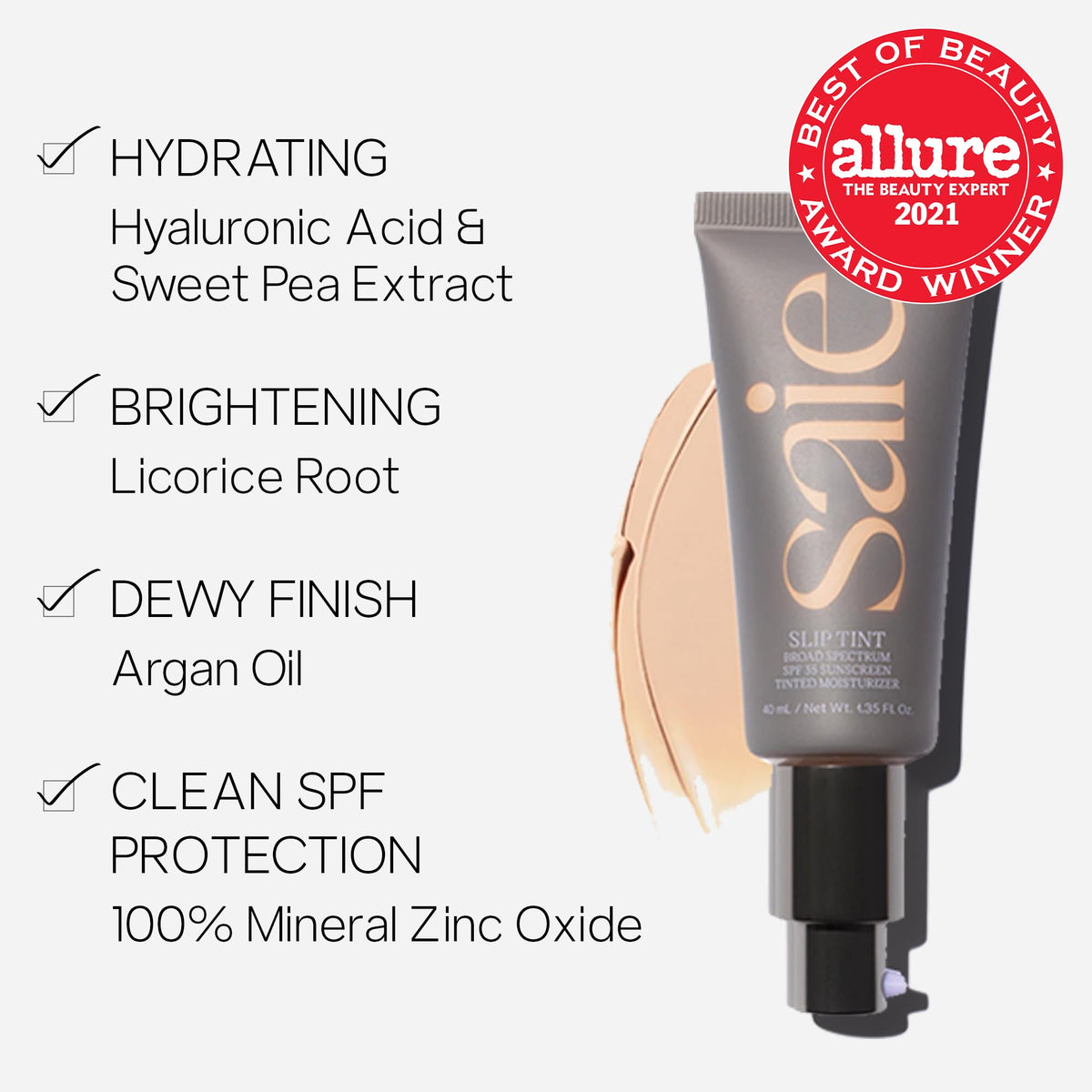 Saie Slip Tint SPF 35 pump dispense close-up for easy application
