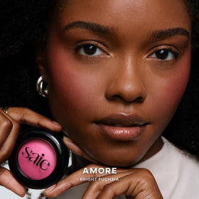 Saie SuperSuede Baked Blush Amore swatch demonstrates sheer, buildable pigment