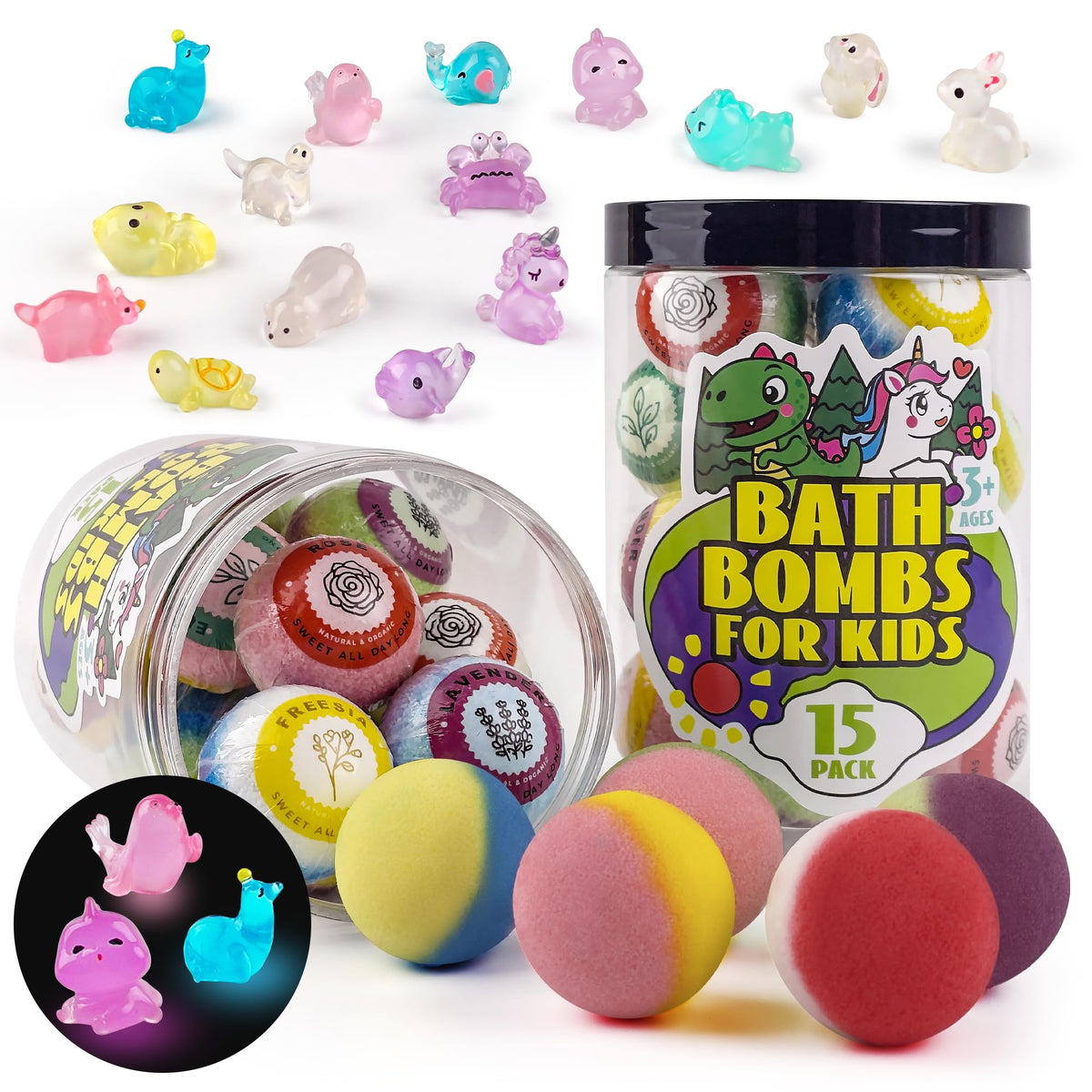 Sailimu Kids Bath Bombs jar gift set with surprise toy for colorful bath time.