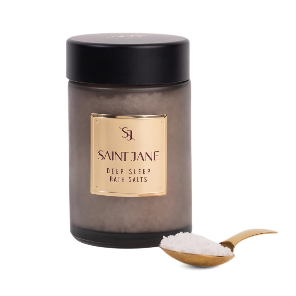 SAINT JANE Deep Sleep Bath Salts bottle promotes a calming nightly ritual and relaxed muscles.