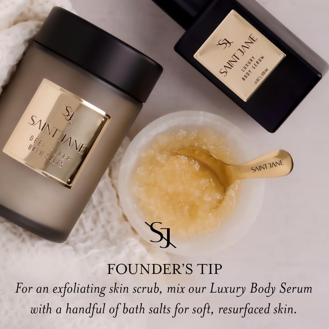 SAINT JANE Deep Sleep Bath Salts closeup highlights calming florals and magnesium-rich formula for calm evenings.