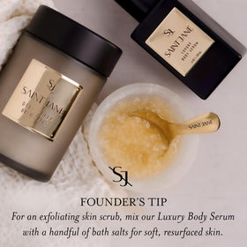 SAINT JANE Deep Sleep Bath Salts closeup highlights calming florals and magnesium-rich formula for calm evenings.