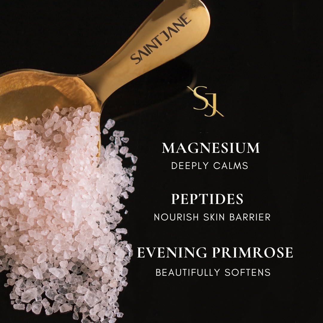 SAINT JANE Deep Sleep Bath Salts label signals premium, floral-infused skincare ritual.