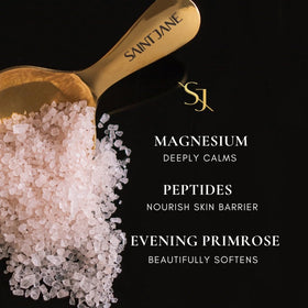 SAINT JANE Deep Sleep Bath Salts label signals premium, floral-infused skincare ritual.