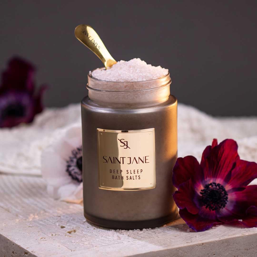 SAINT JANE Deep Sleep Bath Salts pour creates a tranquil bath time moment.