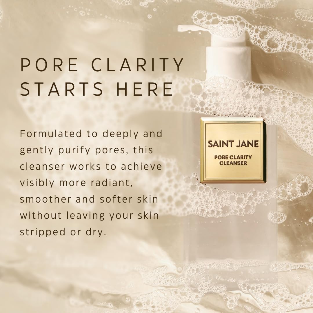 Saint Jane Pore Clarity Cleanser with hibiscus petals, suggesting hydration and glow.