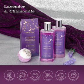 Saint Roy bath salts and bath bomb with lavender aroma for a soothing soak.