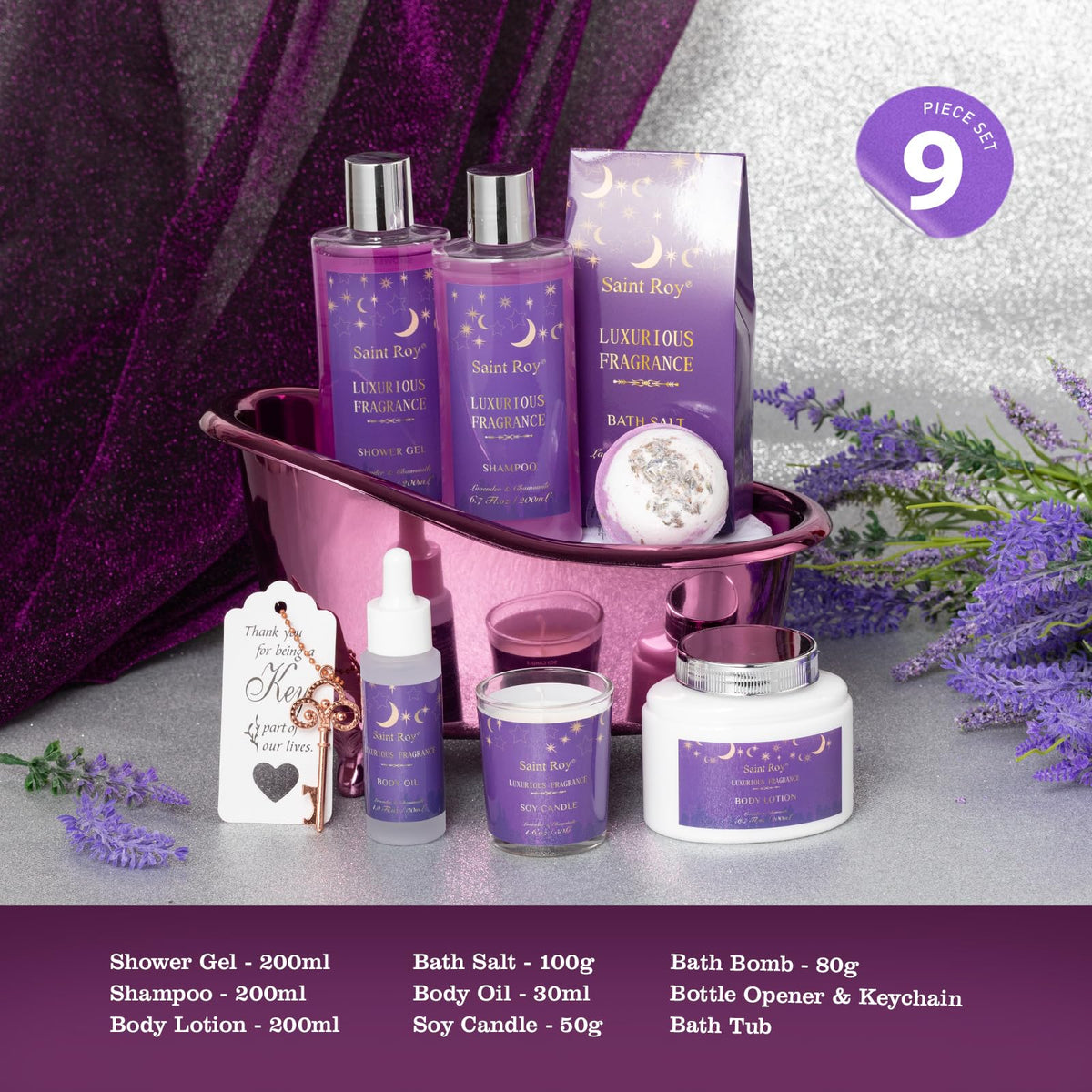 Saint Roy lavender shower gel and lotion display for calming daily care.
