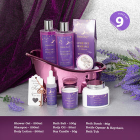 Saint Roy lavender shower gel and lotion display for calming daily care.