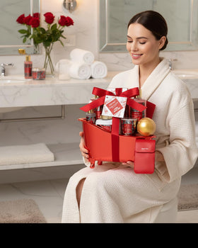 Saint Roy luxury bath gift basket for women, includes lotion, candles, and bath salts