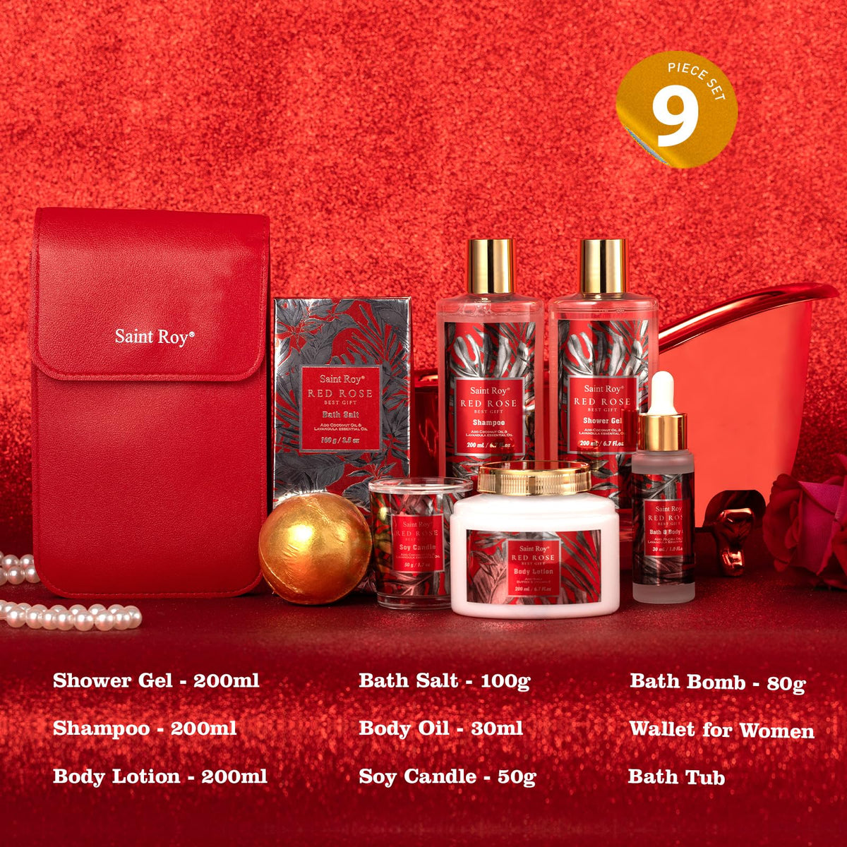 Saint Roy red rose scented bath oil and lotion, hydrating skin for everyday pampering