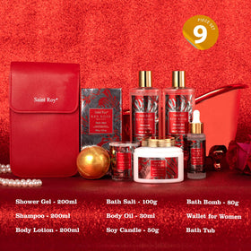 Saint Roy red rose scented bath oil and lotion, hydrating skin for everyday pampering