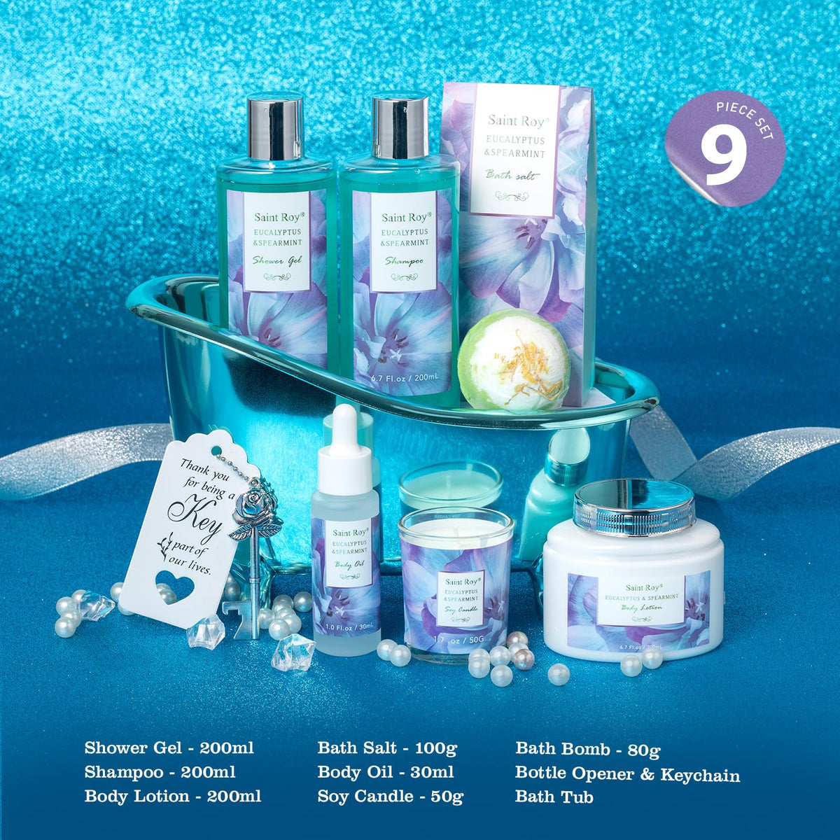 Saint Roy eucalyptus mint bath basket inside view with complete care set
