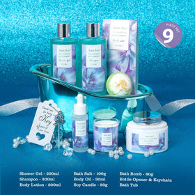Saint Roy eucalyptus mint bath basket inside view with complete care set