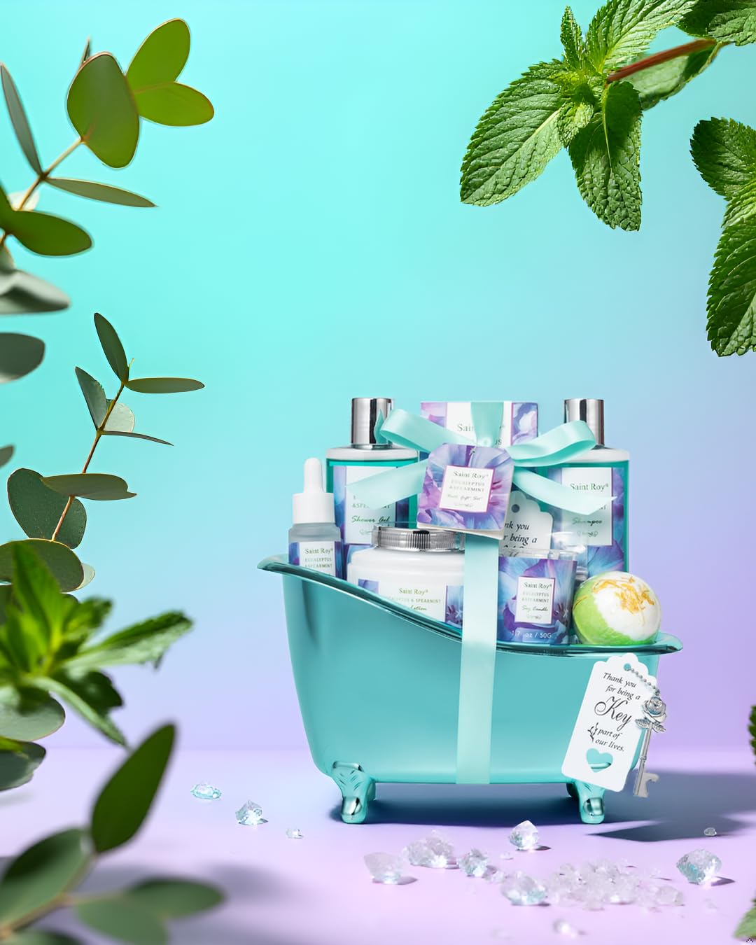 Saint Roy eucalyptus mint body lotion display emphasizing hydrating moisture