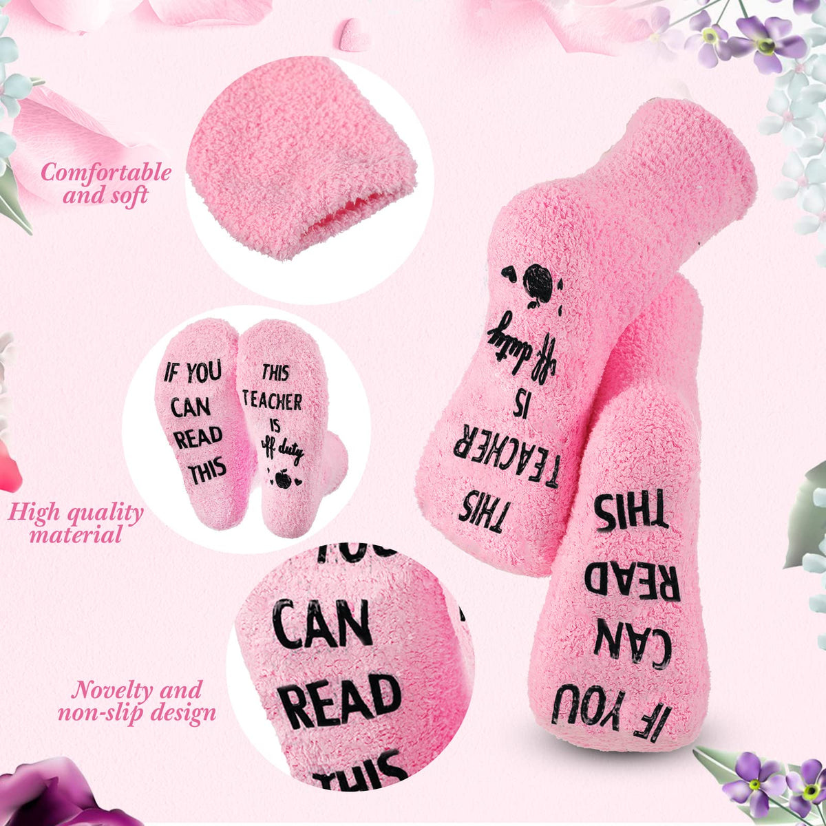 Saintrygo socks close-up showing soft knit and humorous teacher phrases.