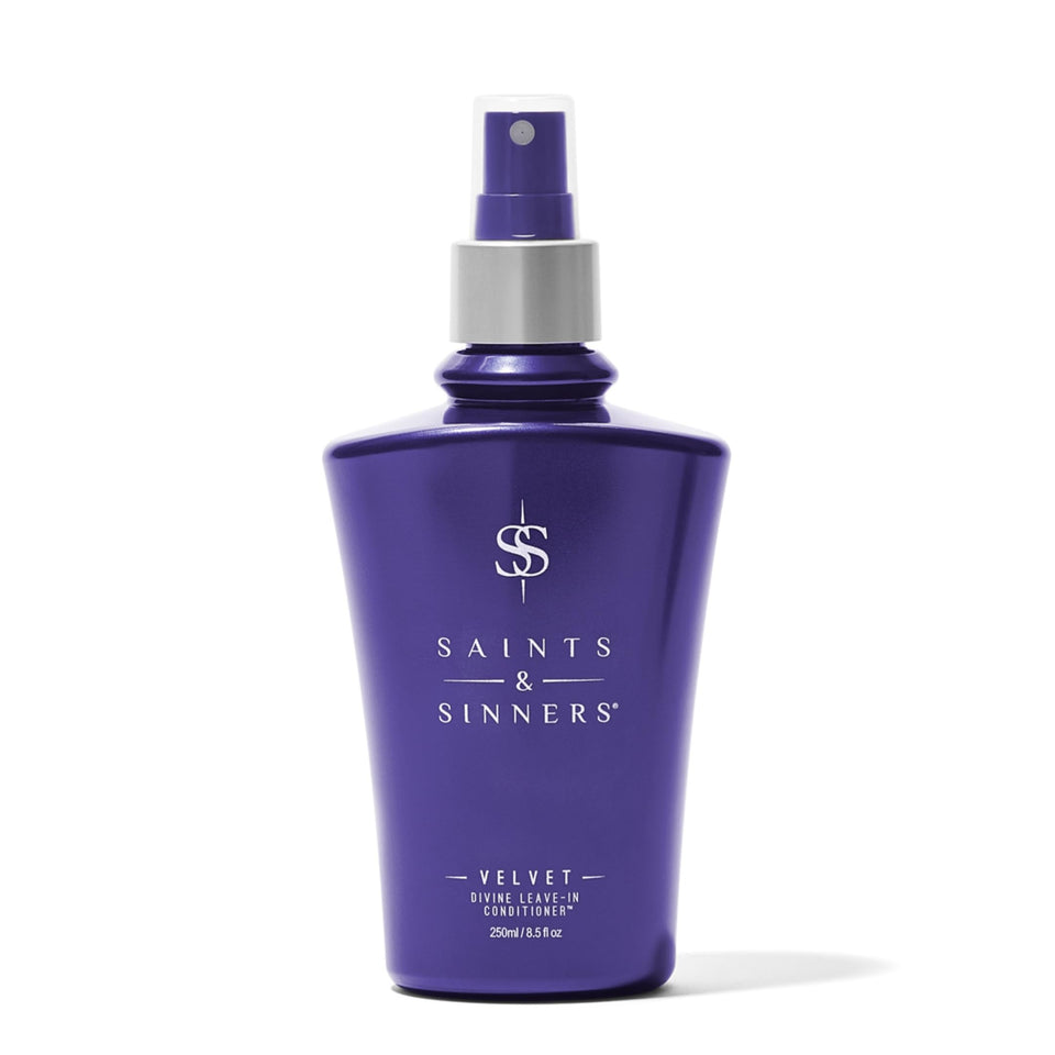 Saints and Sinners Velvet Divine leave-in bottle pour for smooth, manageable hair.