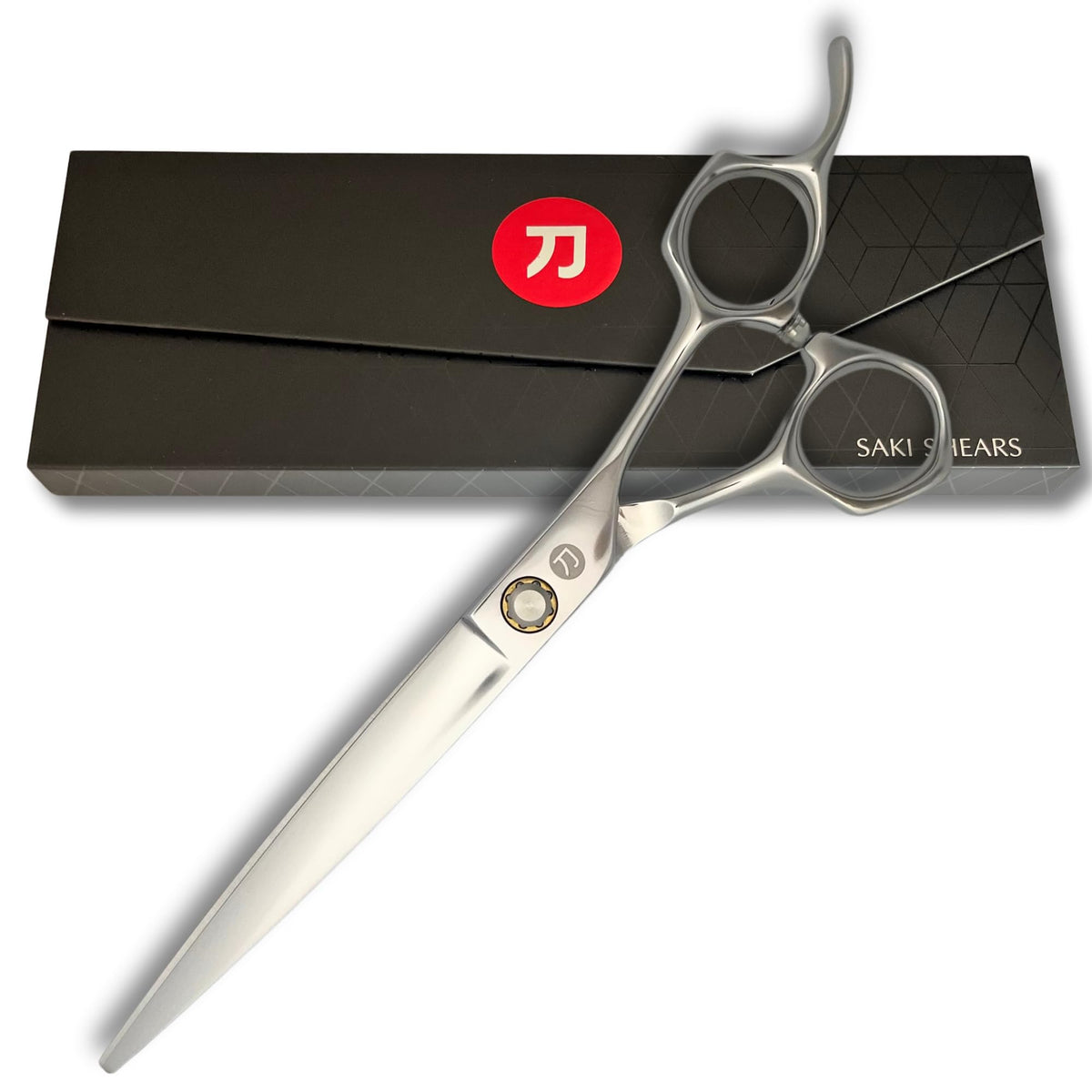 Saki Shears Musashi 7-Inch convex blade close-up for ultra-precise salon cuts.
