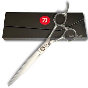 Saki Shears Musashi 7-Inch convex blade close-up for ultra-precise salon cuts.