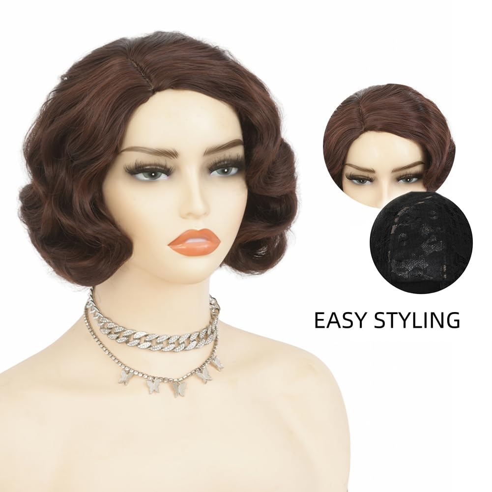 Salaibs brown 1920s wig back view revealing full silhouette for stage looks.