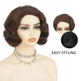 Salaibs brown 1920s wig back view revealing full silhouette for stage looks.