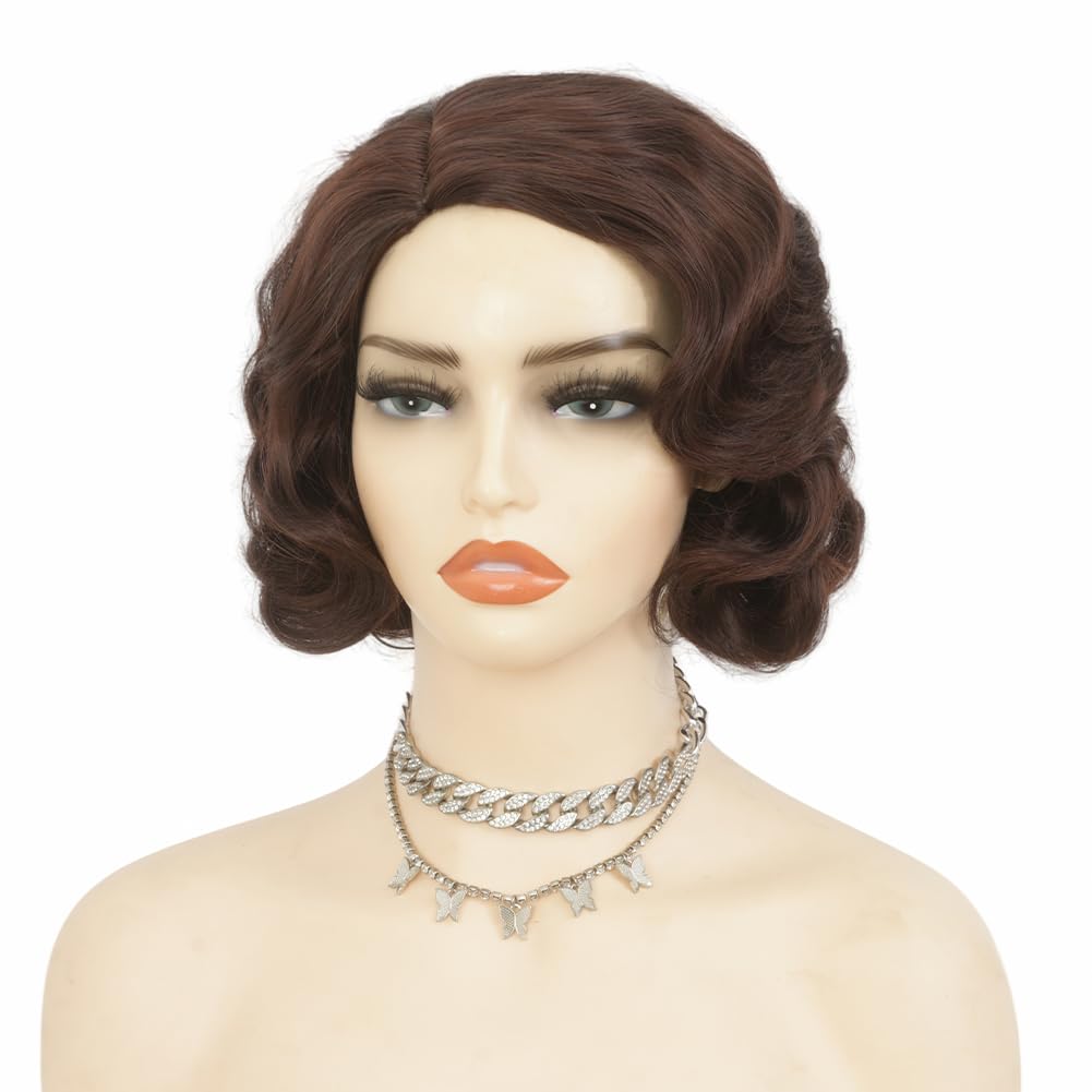 Salaibs brown 1920s wig curls closeup showing defined finger-wave texture.