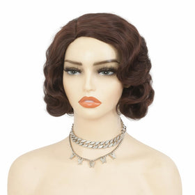 Salaibs brown 1920s wig curls closeup showing defined finger-wave texture.