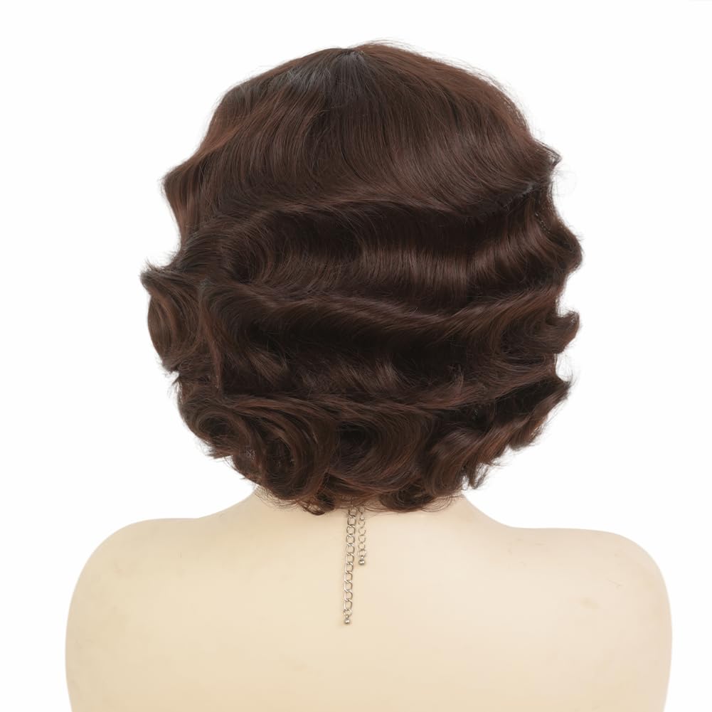 Salaibs brown 1920s wig texture detail emphasizing soft synthetic fiber.