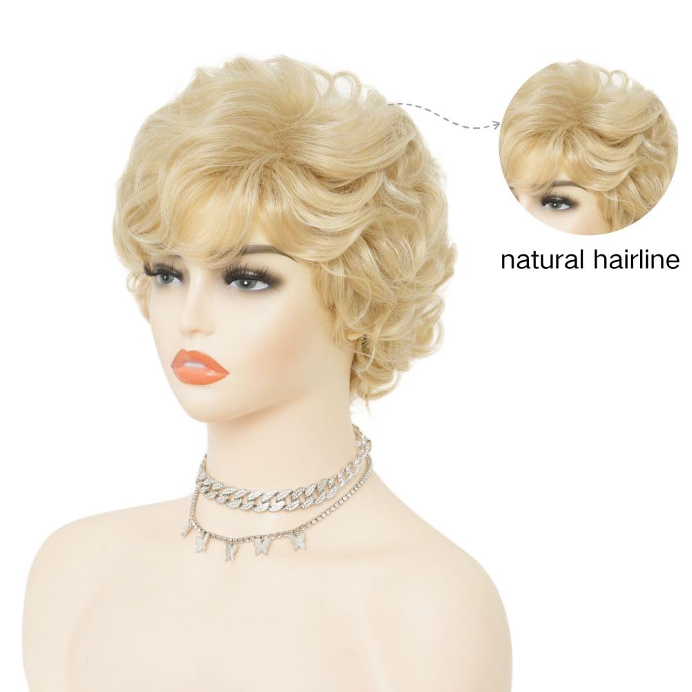 Salaibs short blonde curly wig back view reveals full curls and durable fibers.
