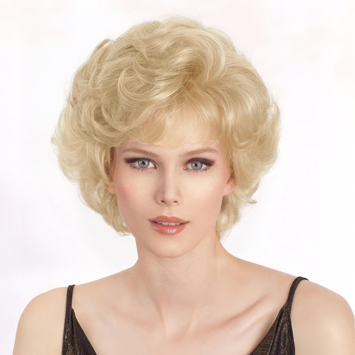 Salaibs short blonde curly wig front view shows natural, soft texture for daily wear.