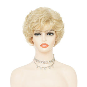 Salaibs short blonde curly wig side profile highlights volume for cosplay and events.