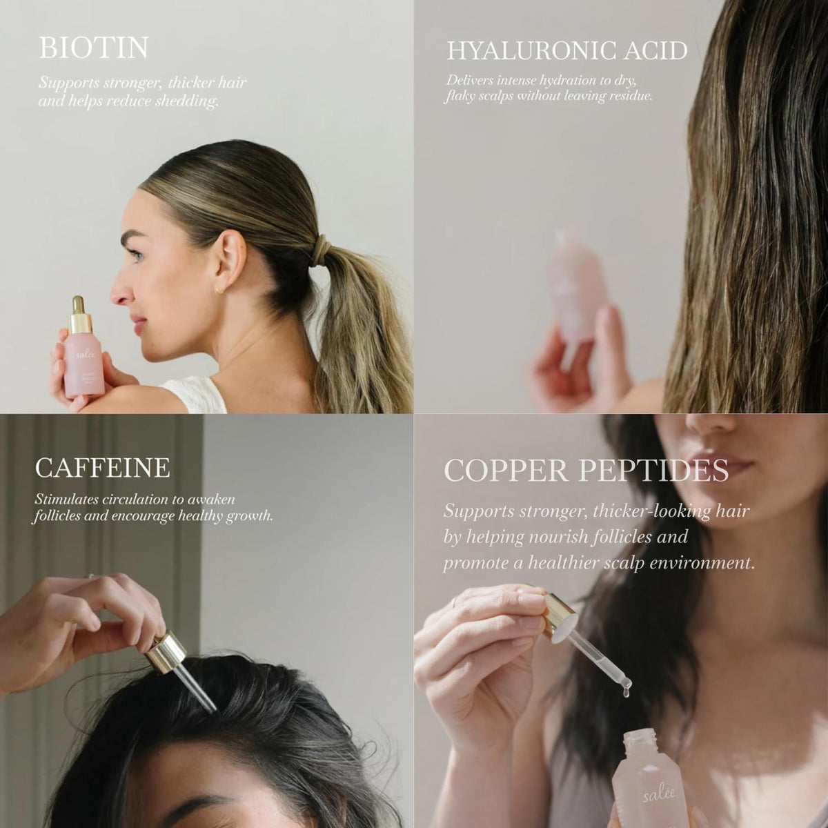 Salee Hair Oil + Serum scalp application scene suggests balance