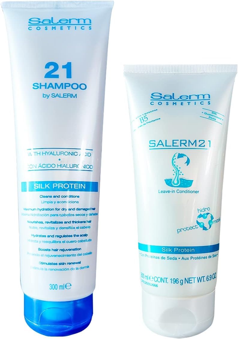 Salerm 21 duo shampoo and leave-in conditioner for damaged hair with added shine.