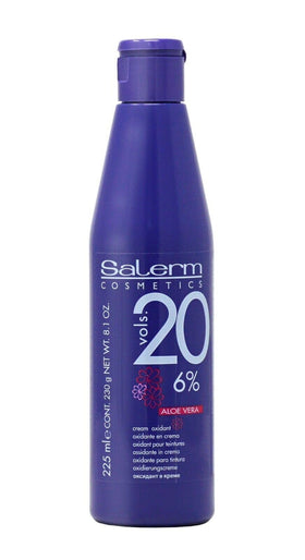 SALERM Aloe Cream Developer 20 Volume bottle close-up showing protection during application.