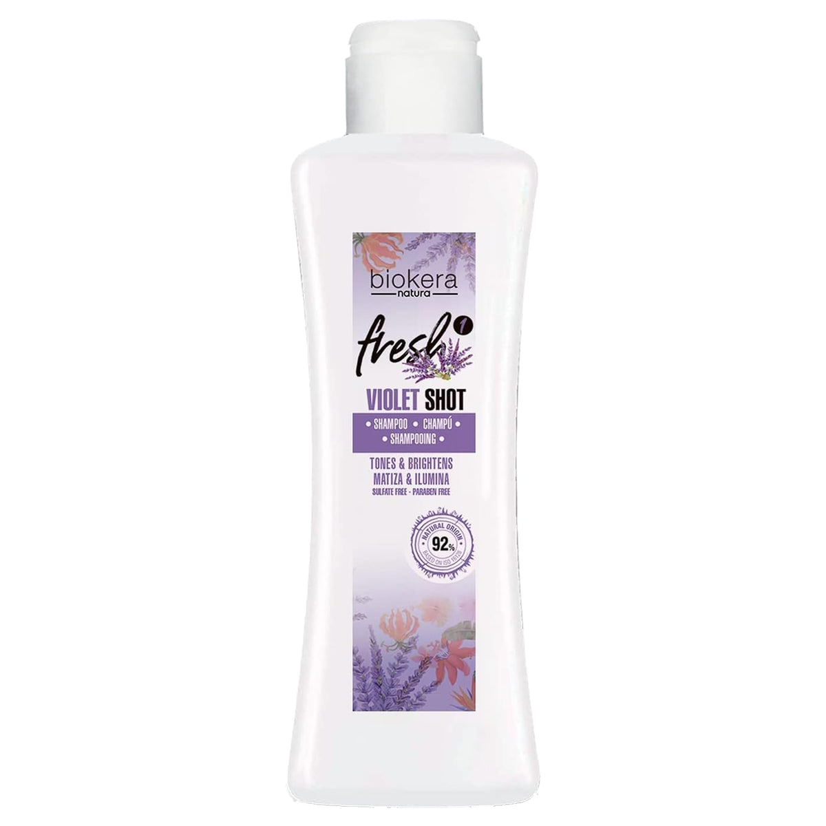 Salerm Biokera Fresh Violet bottle demonstrating color protection for blonde and gray hair