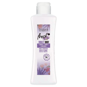 Salerm Biokera Fresh Violet bottle demonstrating color protection for blonde and gray hair