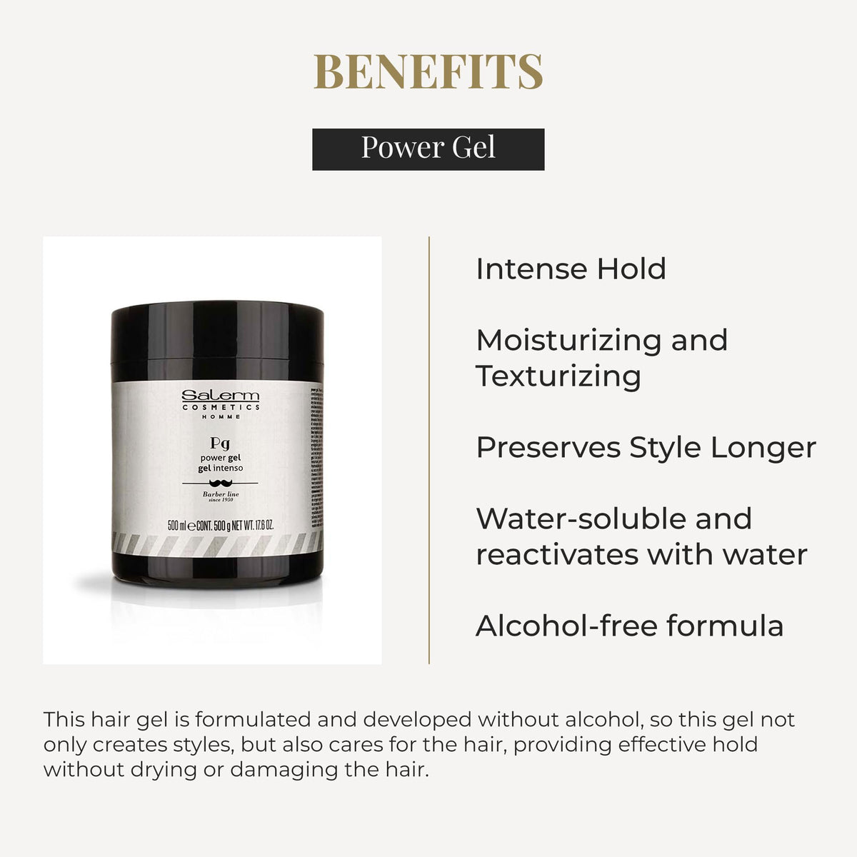 SALERM blue gel close-up highlights alcohol-free formula protecting hair during styling.