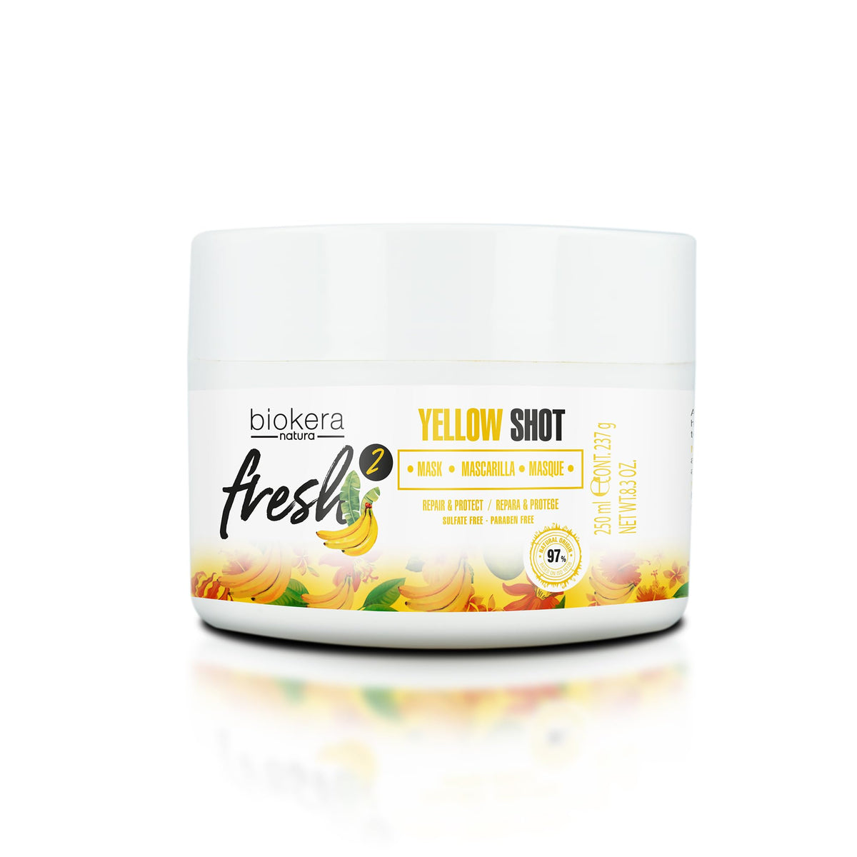 Salerm Deep Repair Yellow Shot Mask bottle demonstrates hydrating action.