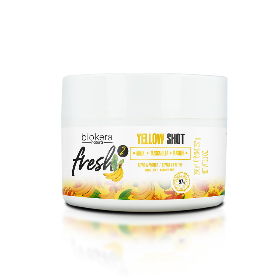 Salerm Deep Repair Yellow Shot Mask bottle demonstrates hydrating action.