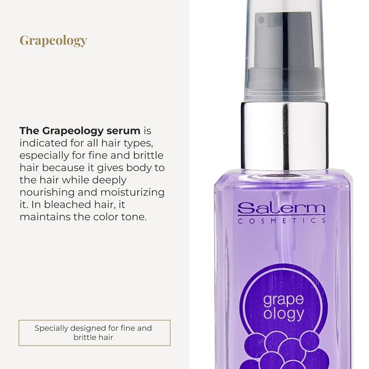 SALERM Grapeology serum on a palm demonstrating easy distribution on hair