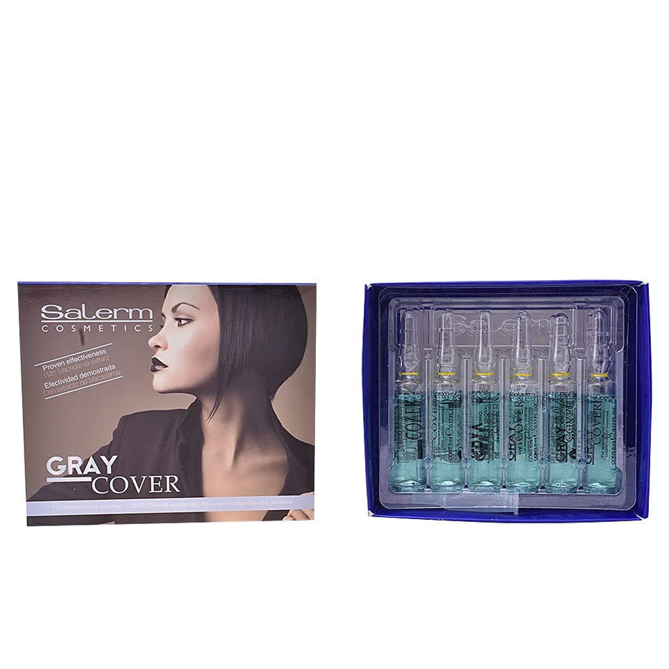SALERM Gray Cover Serum ampoule enhances dye penetration for stubborn gray hair.