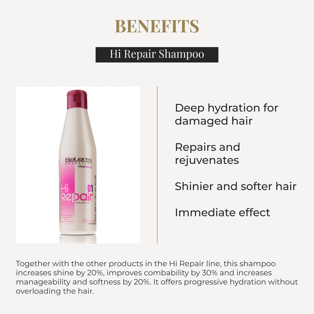SALERM Hi Repair Shampoo application on hair shows even distribution of product.