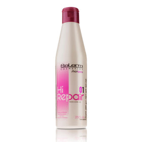 SALERM Hi Repair Shampoo bottle highlighting the hydrating formula for damaged hair.