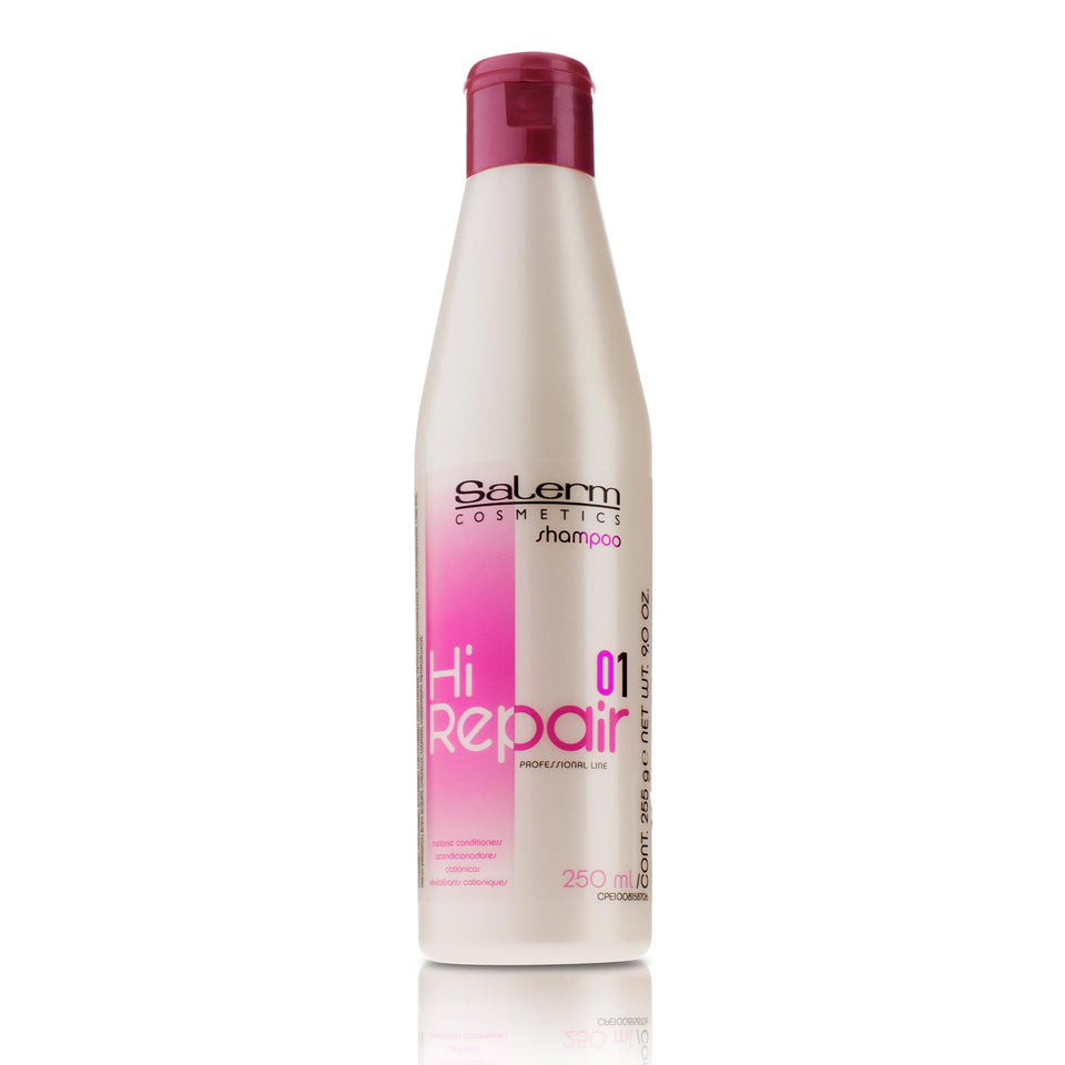SALERM Hi Repair Shampoo bottle highlighting the hydrating formula for damaged hair.
