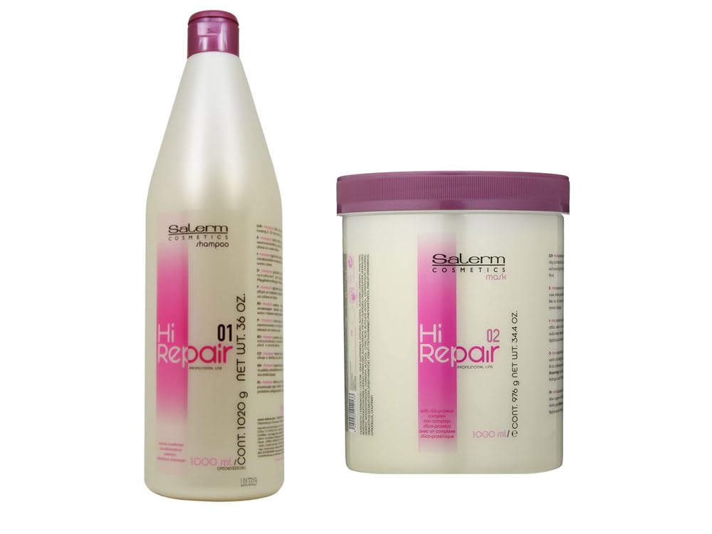 Salerm Hi Repair shampoo and mask set shown together, boosting hair strength, shine, and manageability.