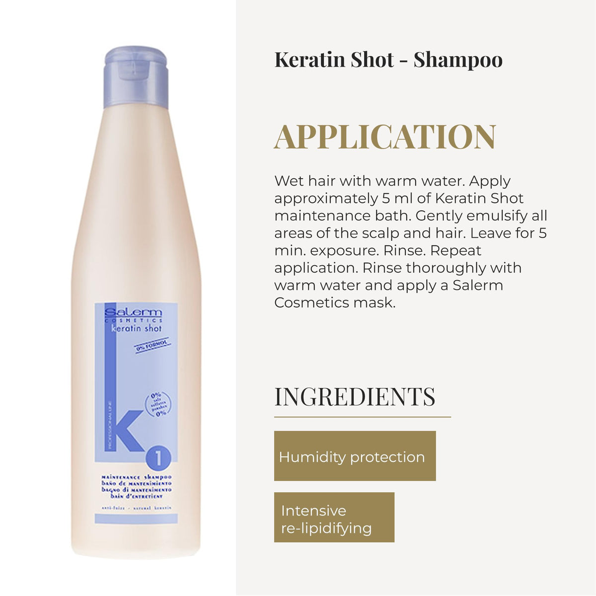 SALERM Keratin Shot Sulfate-free formula bottle close-up, gentle scalp care