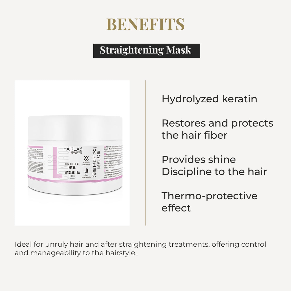 SALERM Lisos Hair Lab mask applied to hair shows detangled, manageable strands