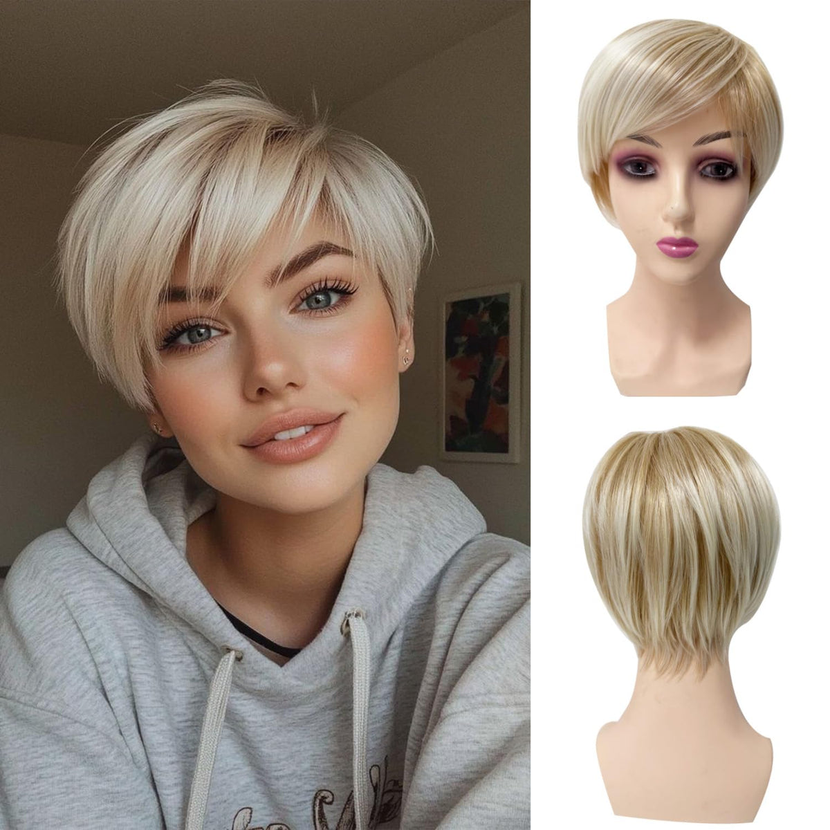 Sallcks short blonde wig front view with natural color blend for cosplay and daily wear