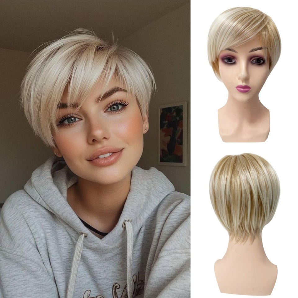 Sallcks short blonde wig front view with natural color blend for cosplay and daily wear