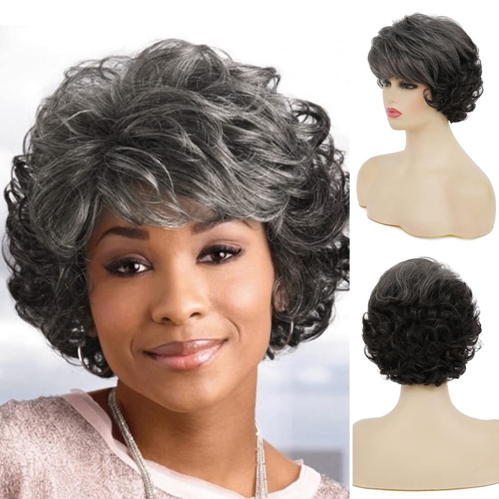 Sallcks short curly grey wig front view showing natural movement for daily wear